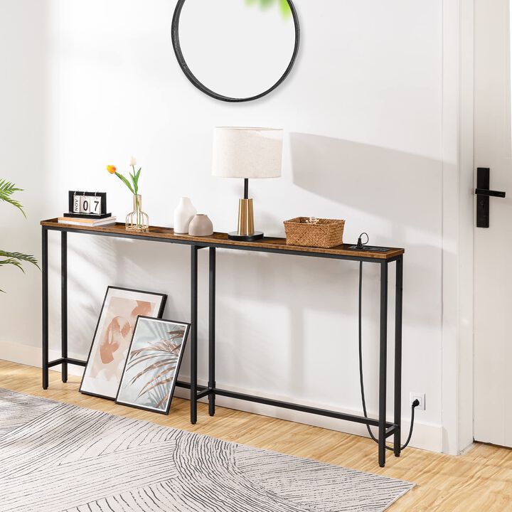 Slim Console Table with Charging Station for Entryway and Living Room-Brown