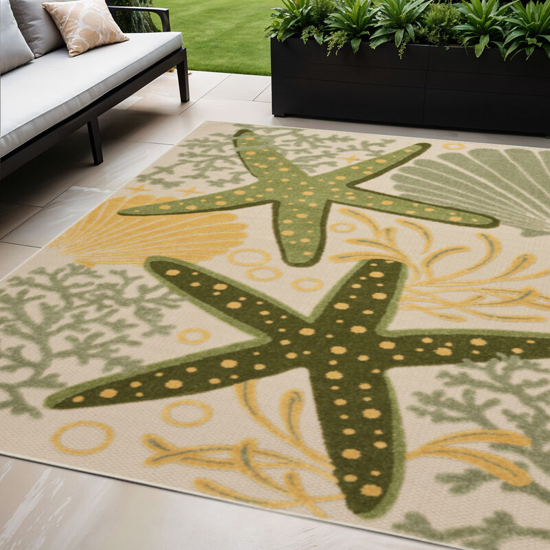 HomeRoots 5' X 8' Green Yellow And Blue Starfish Indoor Outdoor Area Rug image number 1
