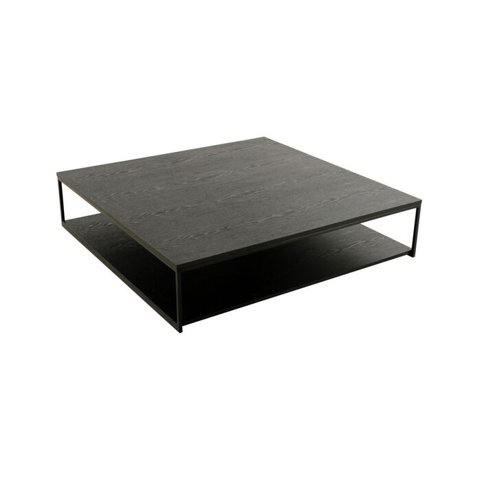Benjara CID Rive 48 Inch Coffee Table, Square Top, Shelf, Black Ash Veneer, Iron