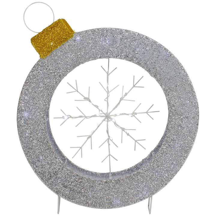 20" LED Lighted Silver Tinsel Ornament with Snowflake Outdoor Christmas Decoration