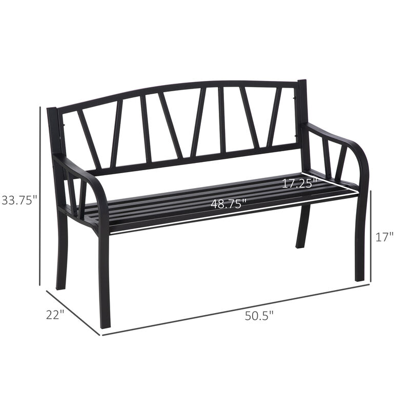 Outsunny 50" Metal Garden Bench, Black Outdoor Bench for 2 People, Park-Style Patio Seating, Decor with Smooth Armrests, Slatted Seat and Backrest, Black