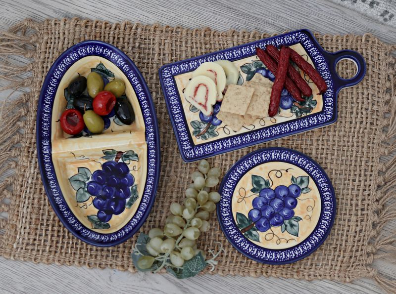 Blue Rose Polish Pottery Grapes Divided Dish