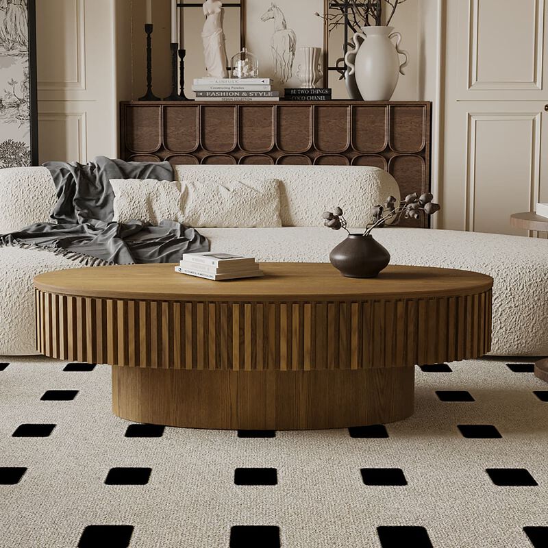 Oval coffee table with storage Solid wood veneer and MDF modern coffee table with fluted base Accent tea coffee table for living room image number 4