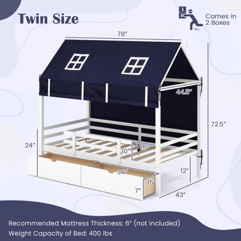 Hivvago Twin House Bed with Tent and 2 Storage Drawers for Kids