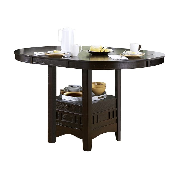 Oval Wooden Counter Height Table with Extension Leaf and Open Shelf, Brown-Benzara