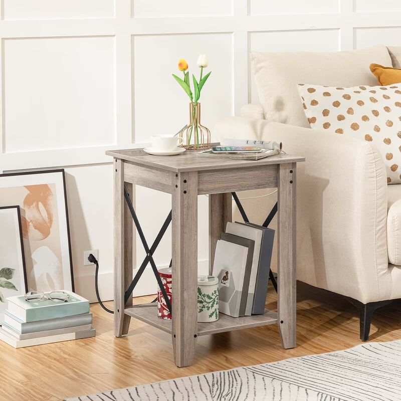 Set of 2 Industrial Side Tables with USB Charging Ports and Shelves-Greige image number 4
