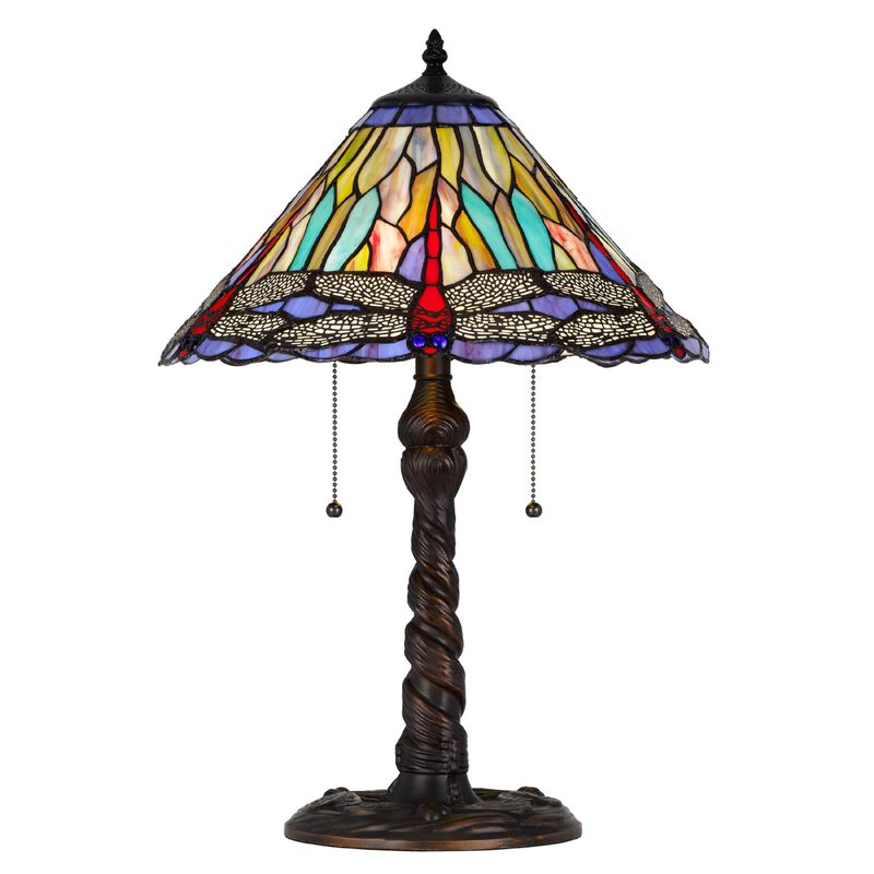 Eli Table Lamp, Tiffany Glass Shade, Blue Red Dragonfly Design, Bronze, 23In image number 0
