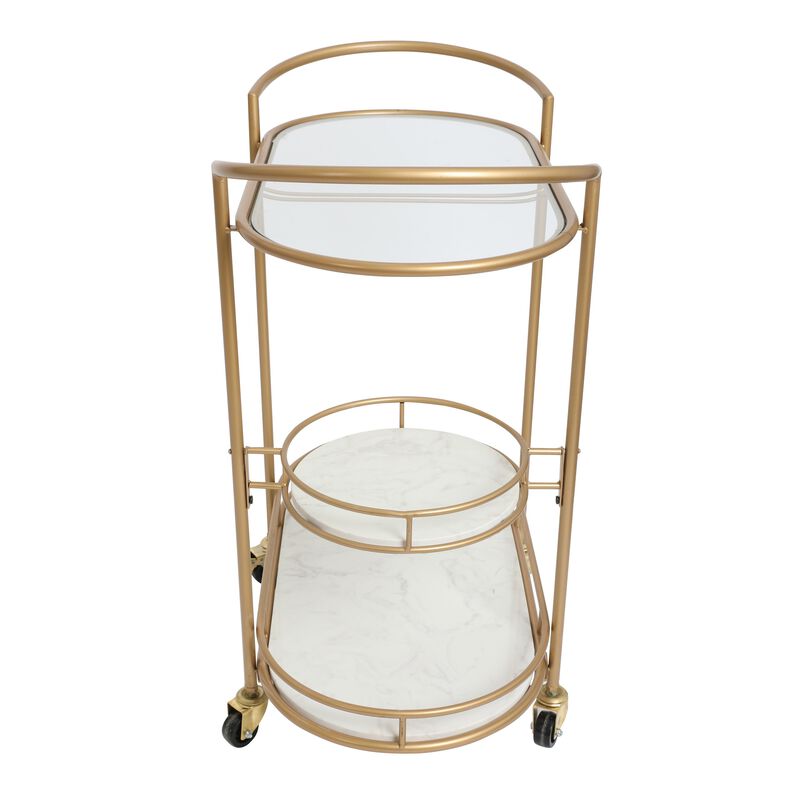 33 Inch Serving Cart, 3 Tier Glass and Marble Shelves, Gold Iron Frame, Lockable Casters - Benzara