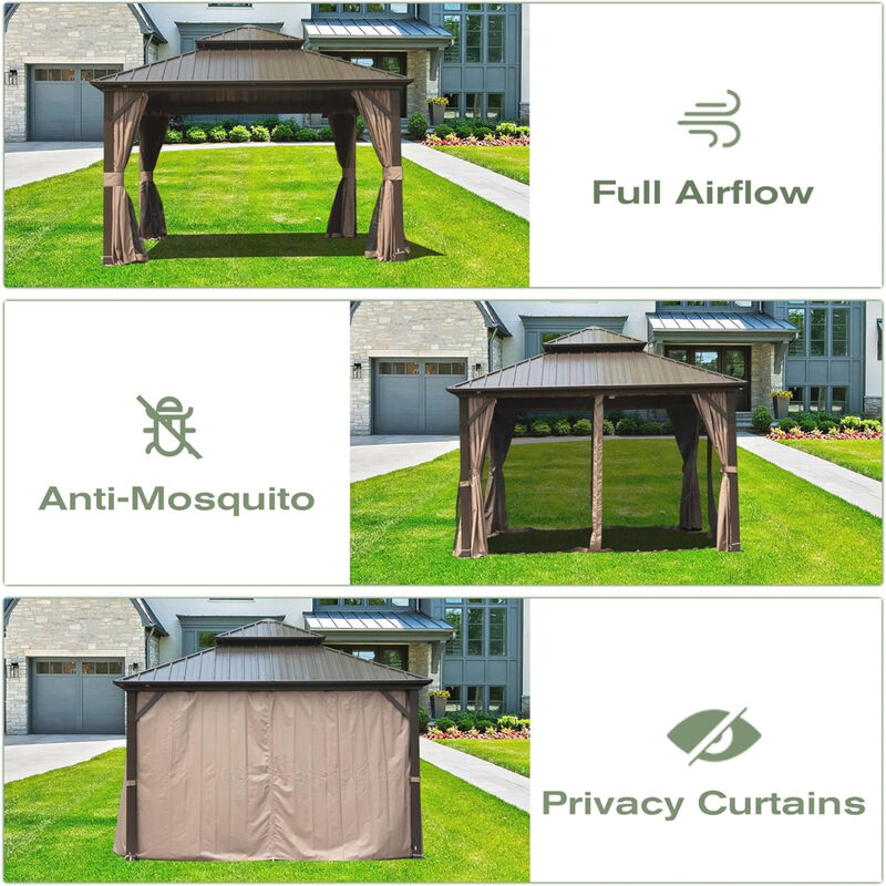 12' X 14' Hardtop Gazebo, Aluminum Metal Gazebo with Galvanized Steel Double Roof Canopy, Curtain and Netting, Permanent Gazebo Pavilion for Party, Wedding, Outdoor Dining, Brown