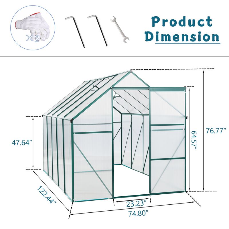 6X10FT Polycarbonate Greenhouse Raised Base and Anchor Aluminum Heavy Duty Walk-in Greenhouses image number 3