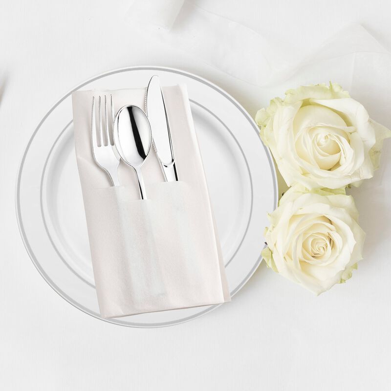Silver Plastic Cutlery in White Pocket Napkin Set (70 Sets) image number 6