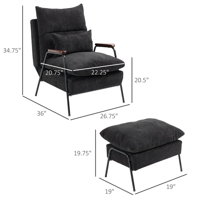 Accent Chair with Ottoman, Reclining Comfy Chair with Adjustable Backrest, Steel Frame and Pillow for Living Room, Bedroom, Black