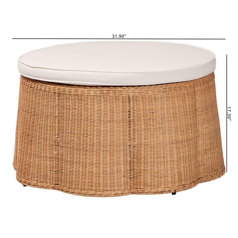 bali & pari Palm Scallop Natural Rattan Ottoman with Cushion – Handwoven Wicker Accent Stool or Footrest for Living Room, Bedroom, or Sunroom, Coastal Boho Style, 32" Round