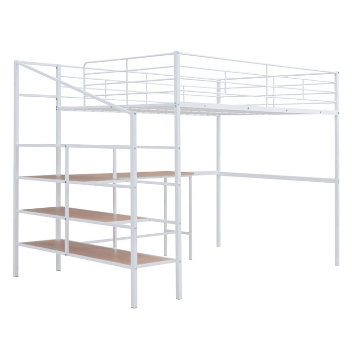 Full Size Metal Loft Bed with Desk and Lateral Storage Ladder, White