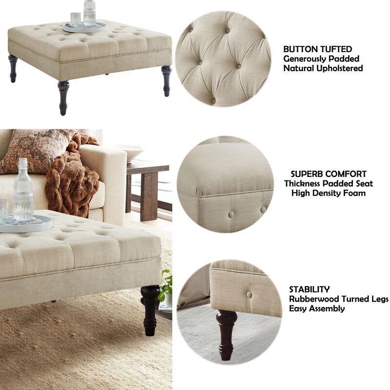 Classic Button-Tufted Linen Ottoman with Wooden Legs, Multi-Functional Footrest