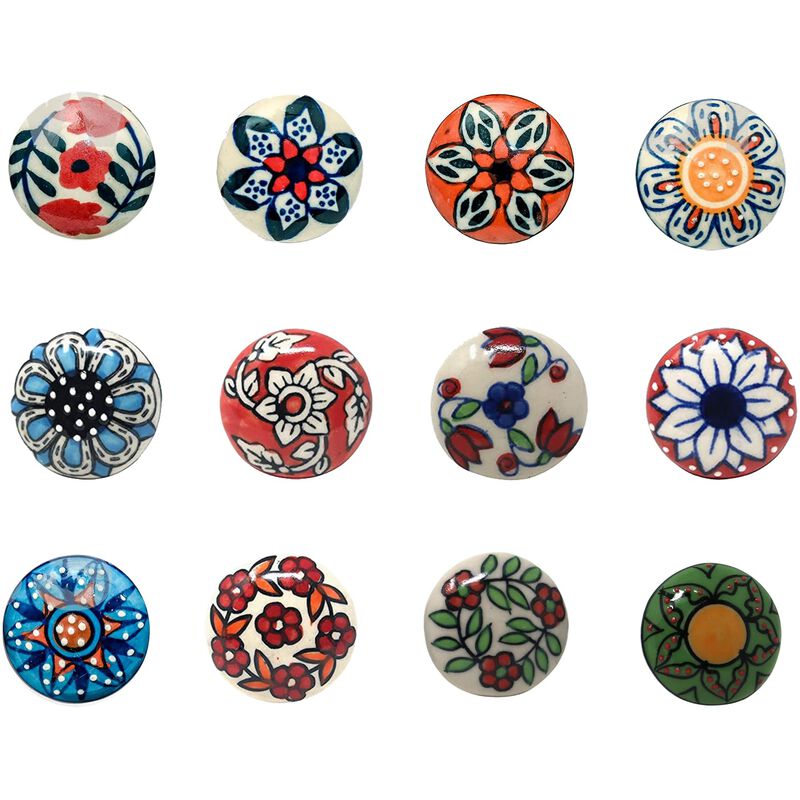Ajuny Set of 12 Multicolor Vintage Look Flower Ceramic Knobs Door Handle Cabinet Drawer Cupboard Pull Indian Hand Painted