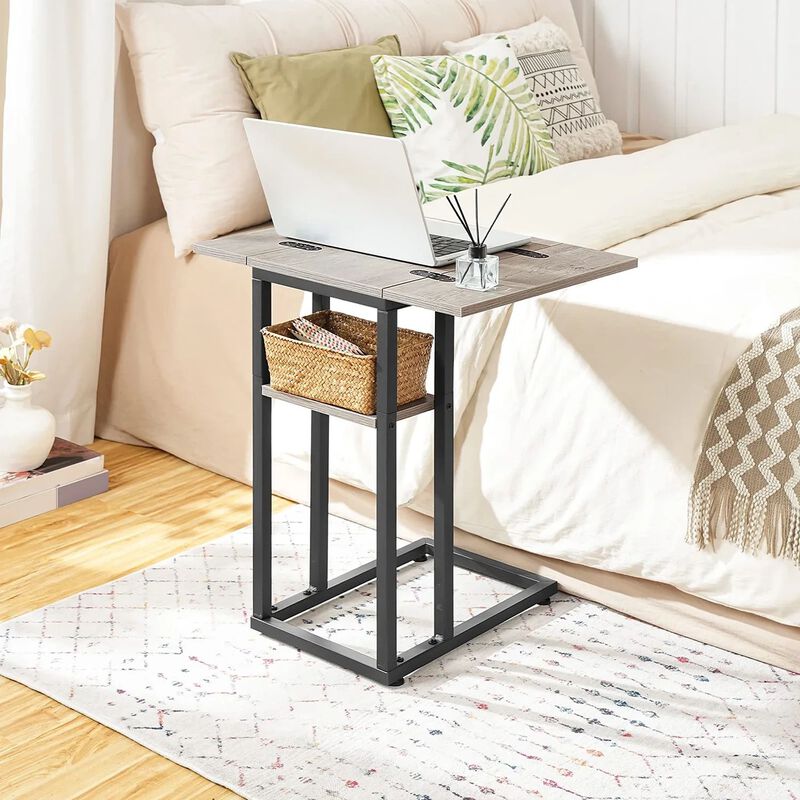 Space-Saving C-Shaped End Table with Storage Pocket and Foldable- Greige image number 4