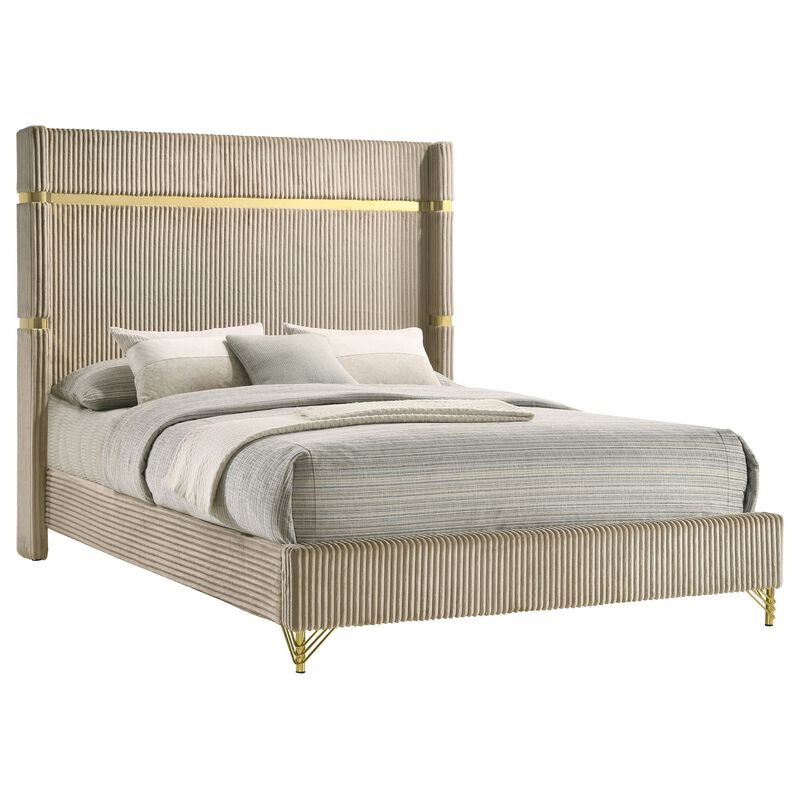 Jenny Queen Size Bed, Fluted Wingback Headboard, Beige Upholstery Gold Trim - Benzara