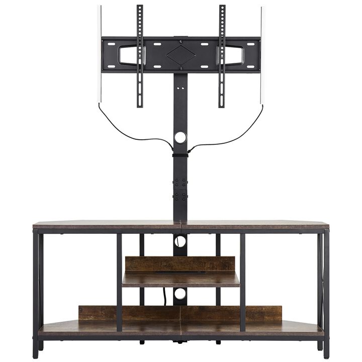 Entertainment Center with TV Mount, LED Lights, Power Outlets and 3-Tier Storage Cabinet-Brown