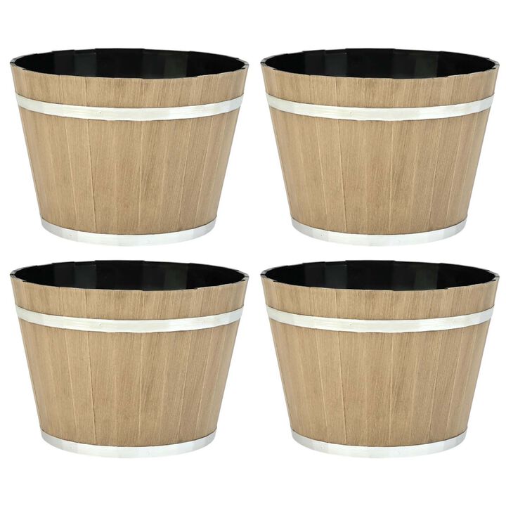 4 Pack Large Plastic Planters with Drainage, Whiskey Barrel Design Flower Pots-Brown