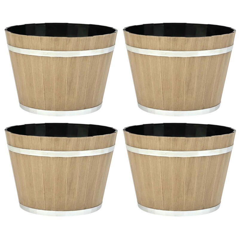 4 Pack Large Plastic Planters with Drainage, Whiskey Barrel Design Flower Pots-Brown image number 0