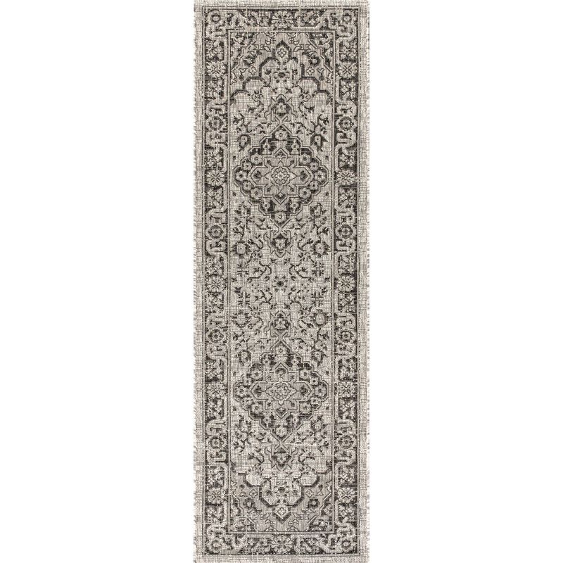 Rozetta Boho Medallion Textured Weave Gray/Black. Indoor/Outdoor Runner Rug