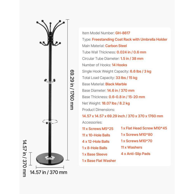 Coat Rack with Umbrella Holder, 14 Hooks Freestanding Stand with Marble Base image number 2