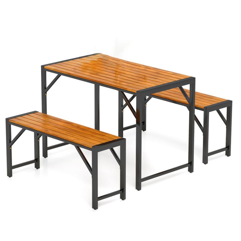 Mondawe 3-Piece Outdoor Dining Set, 1 Acacia Table & 2 Benches With Adjustable Footpads