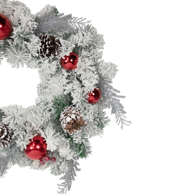 Flocked Pine with Red Ornaments Artificial Christmas Wreath  24-Inch  Unlit image number 2