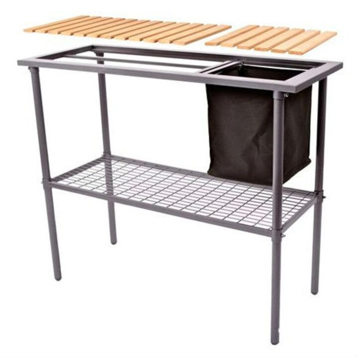 Hivvago Outdoor Metal Garden Bench Work Table with Wood Top