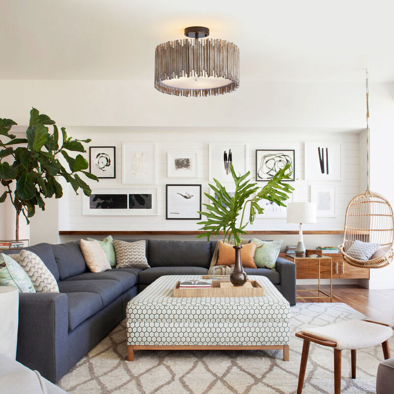 15.5" 3-Light Distressed White Wood Drum Semi Flush Mount Ceiling Light