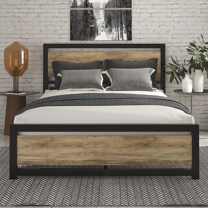 QuikFurn Full Metal Platform Bed Frame with Brown Wood Panel Headboard and Footboard