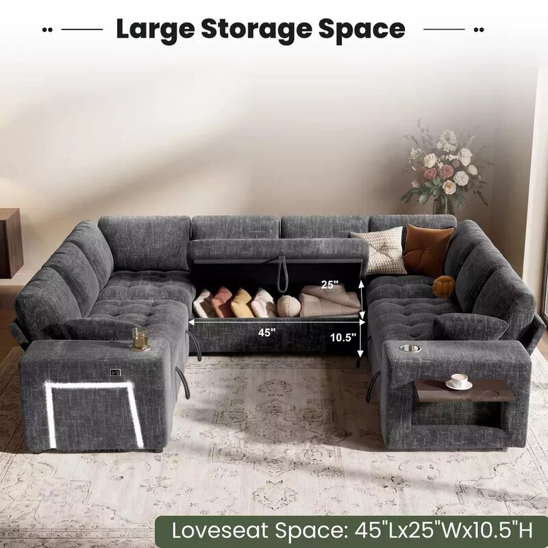 Vipbear 110" Modular Sectional Sleeper Sofa, 8-Seater Chenille U-Shaped Couch with Pull-Out Beds image number 5