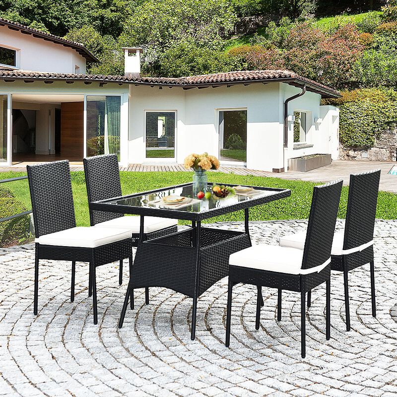 5 Pieces Rattan Dining Set Glass Table High Back Chair