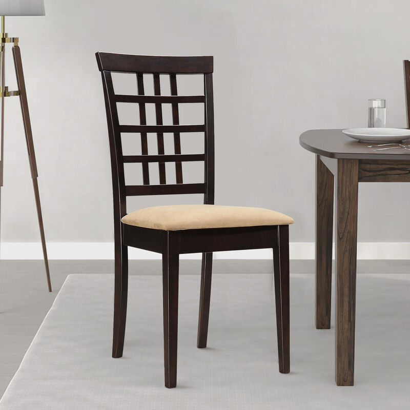 Geometric Wooden Dining Chair with Padded Seat, Set of 2, Brown and Beige-Benzara image number 2