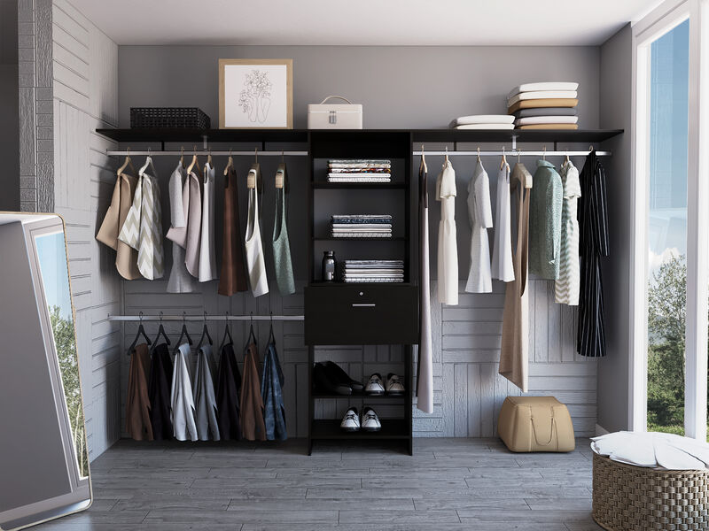 DEPOT E-SHOP Zamora 70"W - 118"W Closet System, Three Hanging Rods, Five Shelves, One Drawer, Black