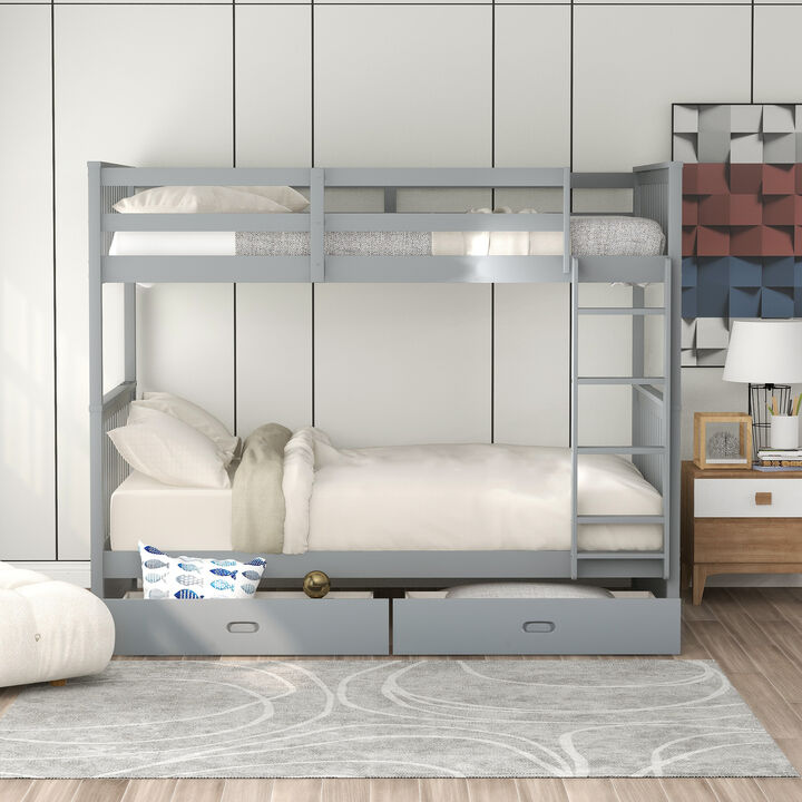 Whisen Twin-Over-Twin Bunk Bed with Ladders and Two Storage Drawers- Gray