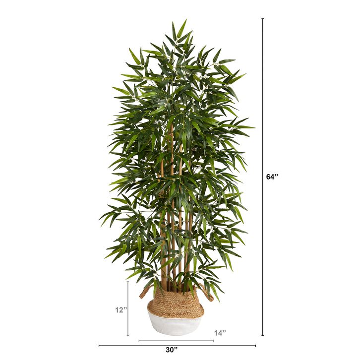HomPlanti 64 Inches Bamboo Artificial Tree with Natural Bamboo Trunks in Boho Chic Handmade Cotton & Jute White Woven Planter
