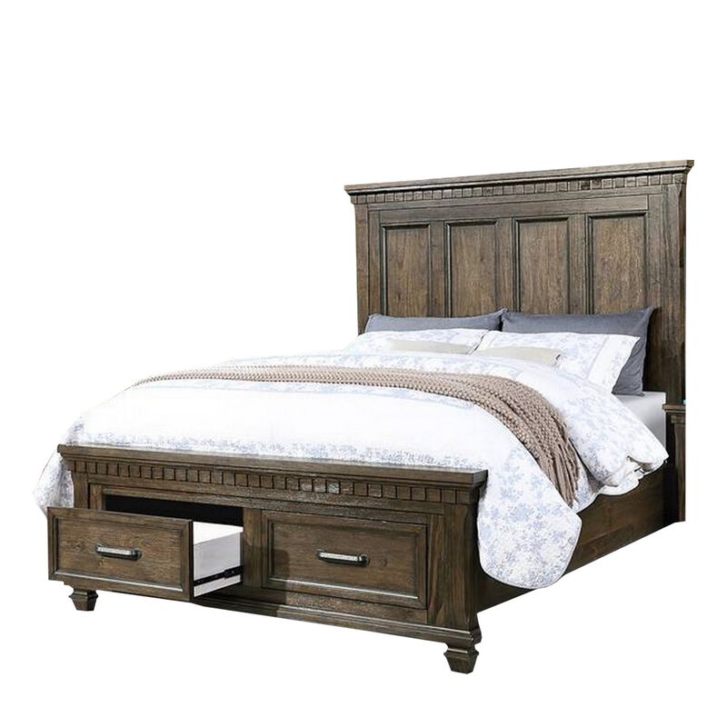 Ziv Classic California King Bed with Storage Drawers, Metal Handles, Brown - Benzara