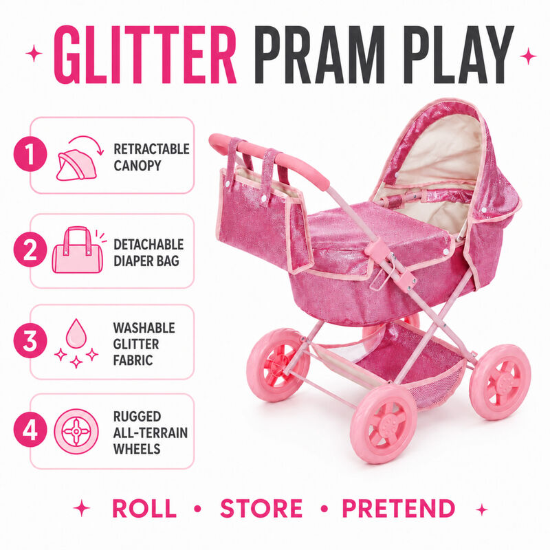 Olivia's Little World Baby Doll Bassinet Pram with Cover, Glitter Pink Doll Stroller with Retractable Canopy, Handle and Under Pram Storage for Doll Accessories image number 2