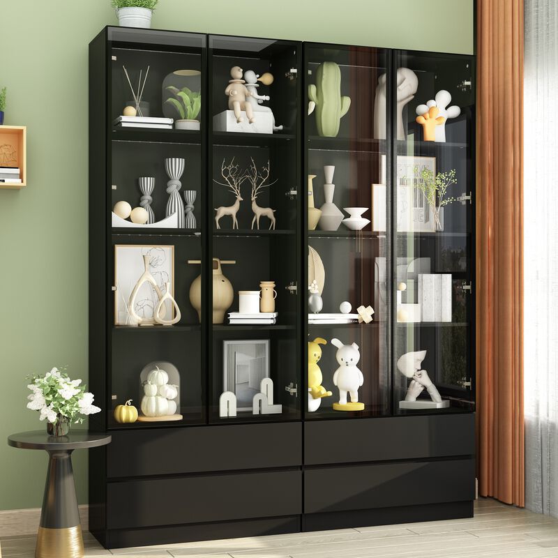 FUFU&GAGA 63" Modern Black Storage Cabinet with LED Lighting, 4 Glass Doors & 4 Drawers, P2 PB Board Media Console (63 in. W x 14.2 in. D x 78.7 in. H)