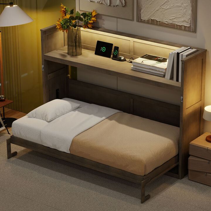 Merax Murphy Bed with Desk,LED Light and USB Charging Station