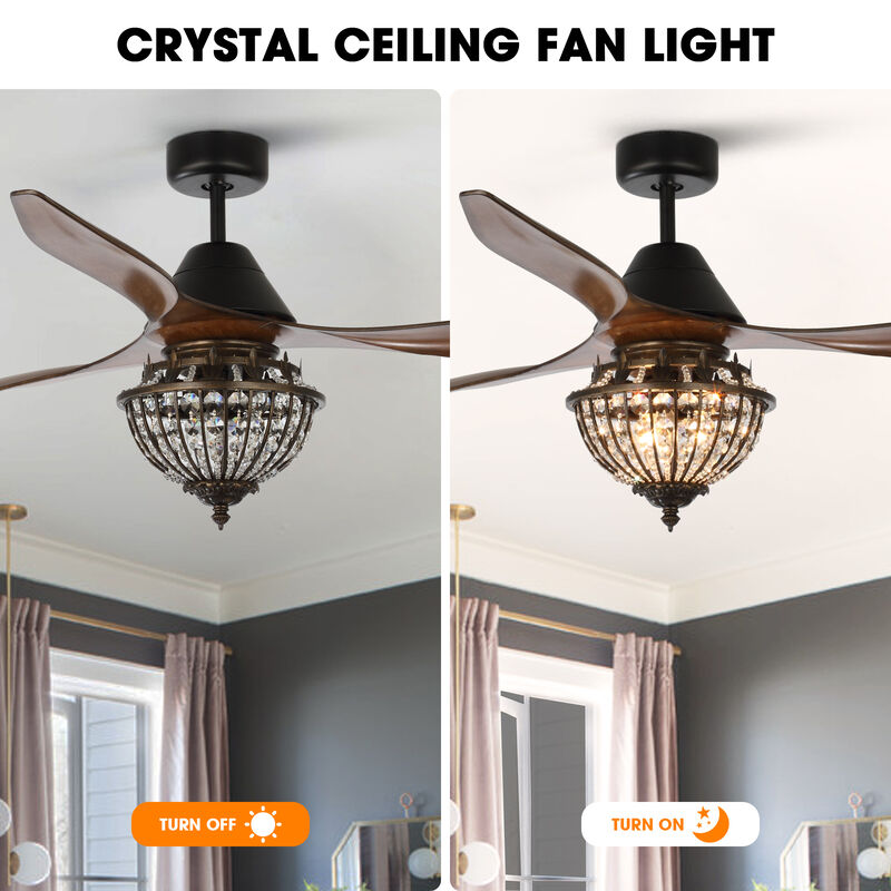 52" Farmhouse Brown Crystal Chandelier Ceiling Fan with Remote Control