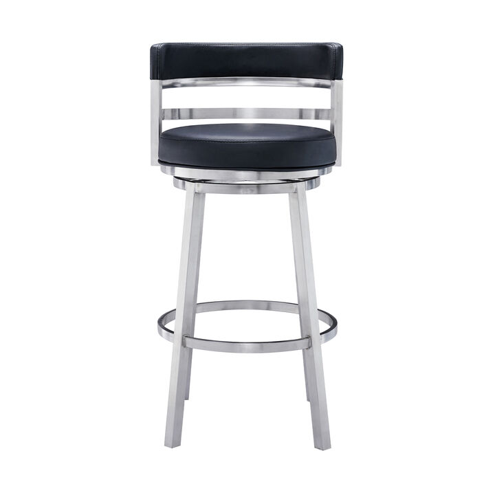 HomeRoots 30" Black And Silver Faux Leather And Iron Low Back Bar Height Swivel Bar Chair