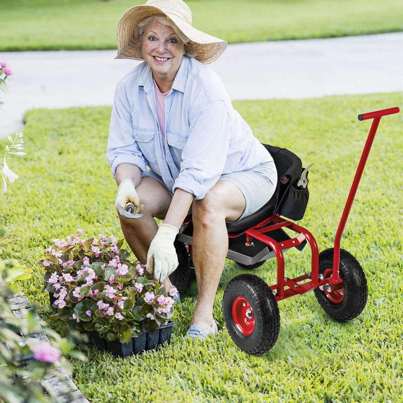Portable Garden Seat Cart with Wheels, Swivel Function, and Tool Storage
