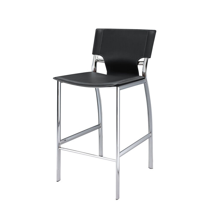 Jan 29 Inch Barstool Chair, Cushioned, Set of 2, Gray Faux Leather, Chrome Metal - Benzara