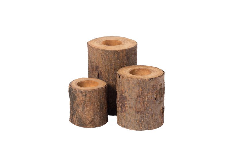 Bark Wooden Pillar Tree Stump Tea Light Rustic Candle Holder - Set of 3