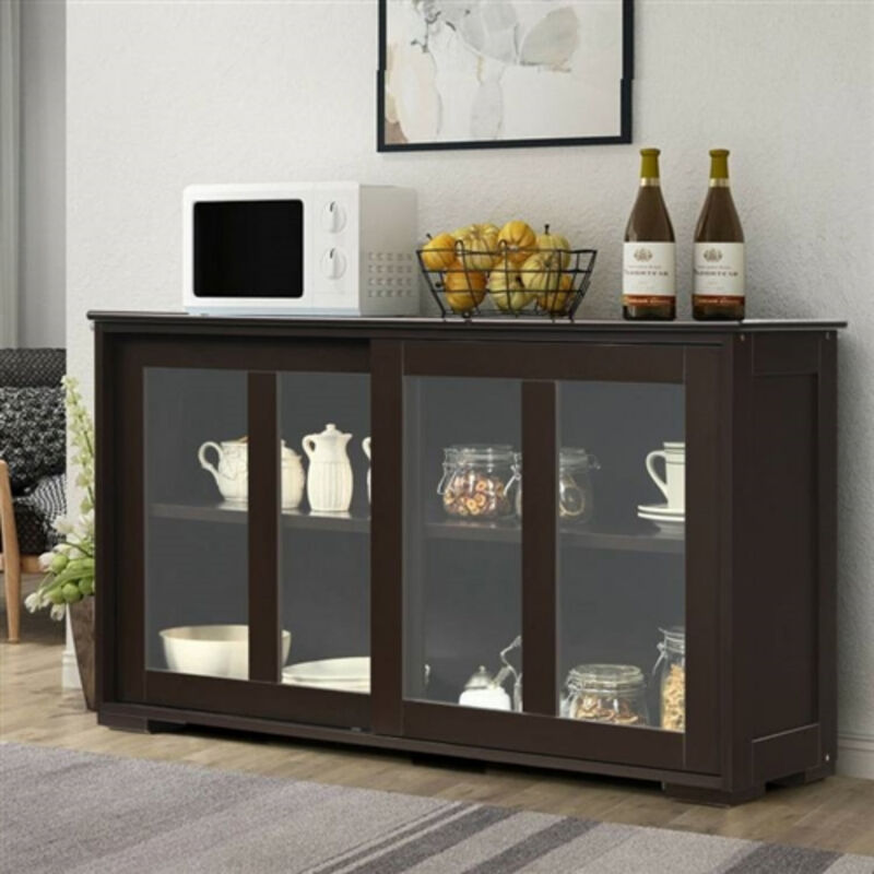 Dining Room Buffet Sideboard &ndash; Wood Storage Cabinet with Glass Sliding Door for Kitchen Organization