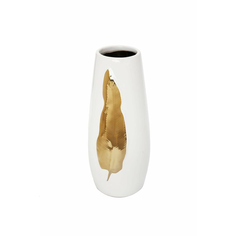 White Ceramic Tall Vase Gold Leaf Design - Large