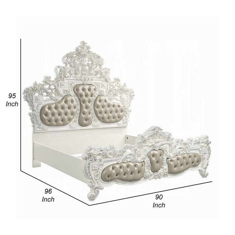 Kin King Size Bed, Ornate Vintage White, Tufted Beige Faux Leather - Benzara